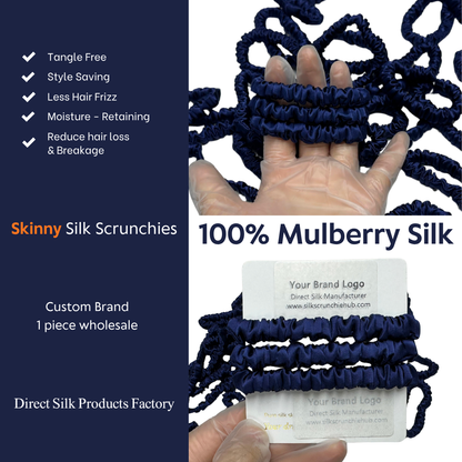Deep Dark Blue Skinny Silk Scrunchie Wholesale from 1 piece, custom silk scrunchie with brand logo low MOQ.