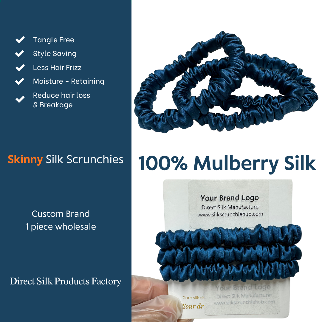Deep Peacock Blue  Skinny Silk Scrunchie in stock, wholesale silk scrunchie from 1 piece, custom silk scrunchies with logo brand label, low MOQ.