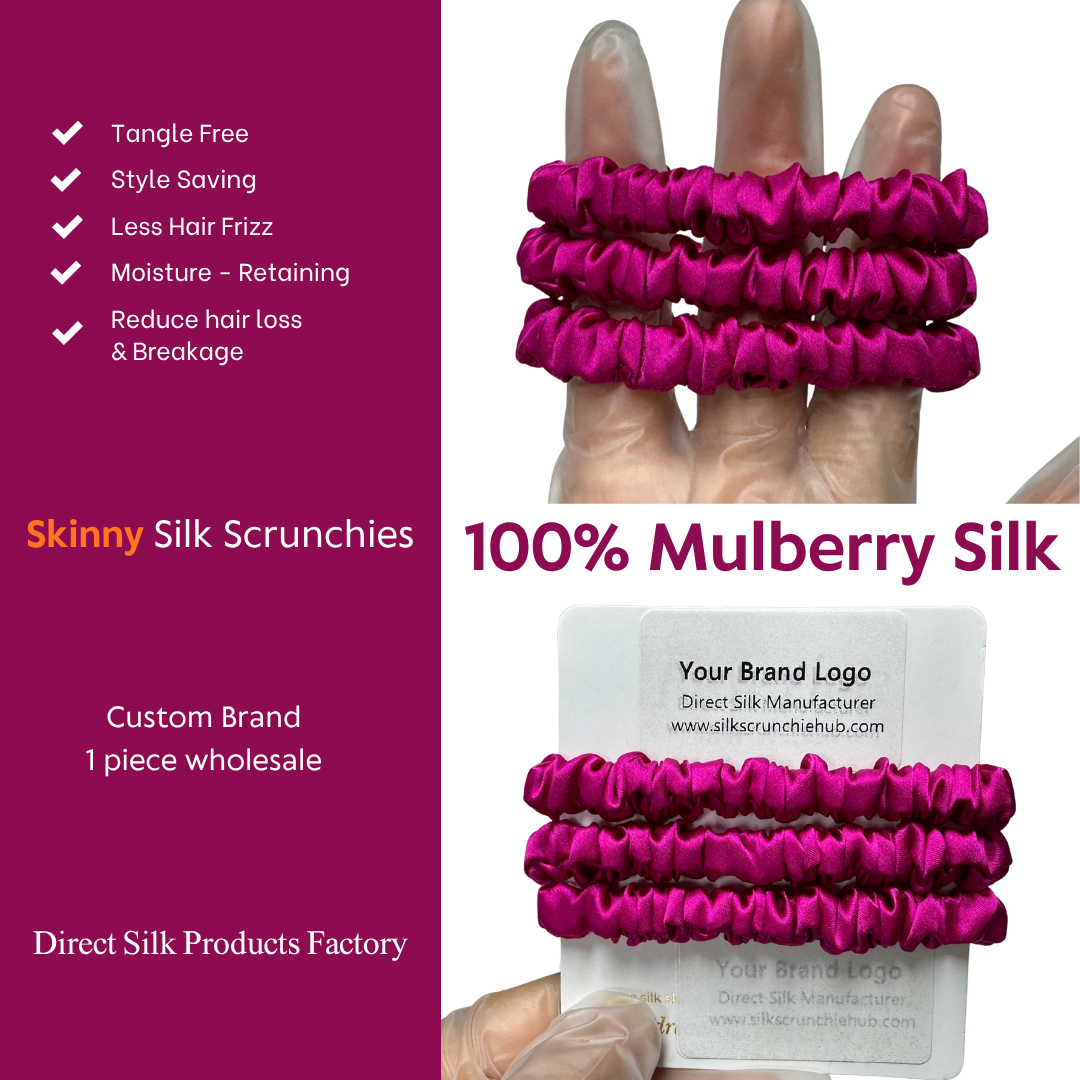 Deep Rose Pink Skinny Silk Scrunchie Wholesale from 1 piece, custom silk scrunchie with brand logo low MOQ.