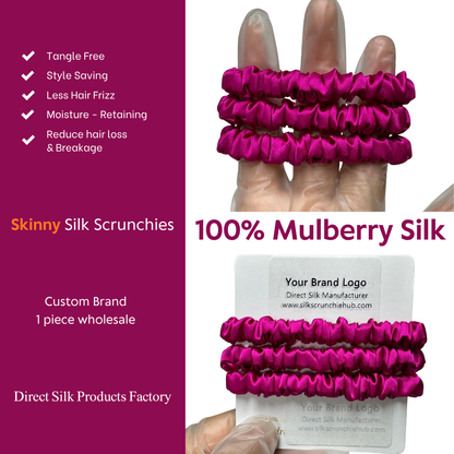 Deep Rose Pink Skinny Silk Scrunchie Wholesale from 1 piece, custom silk scrunchie with brand logo low MOQ.