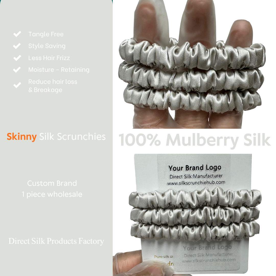 Light Gray Silk Scrunchie Wholesale from 1 piece, custom silk scrunchies with brand label, low MOQ.