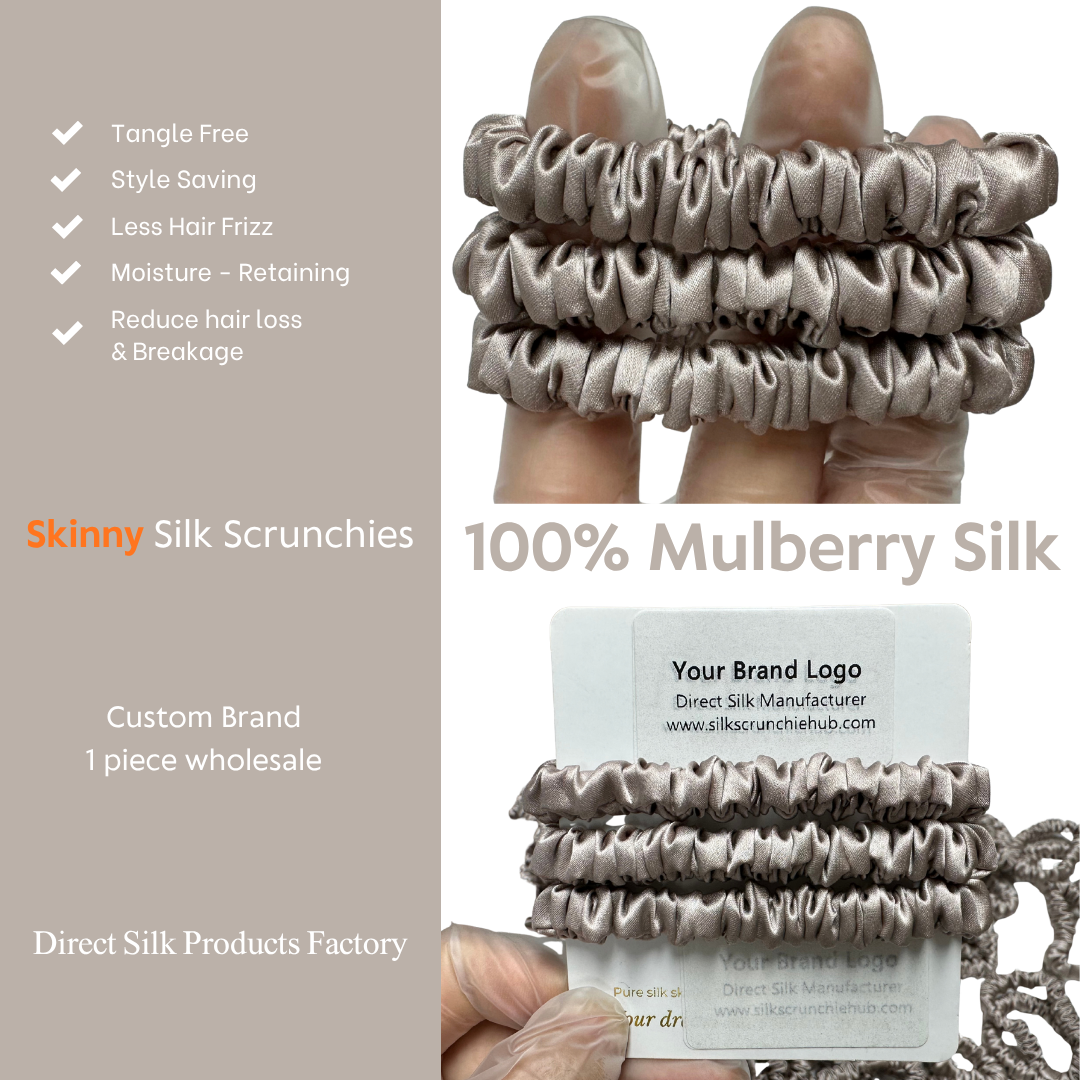 Light Root Skinny Silk Scrunchie Wholesale from 1 piece, custom silk scrunchie with brand logo low MOQ.