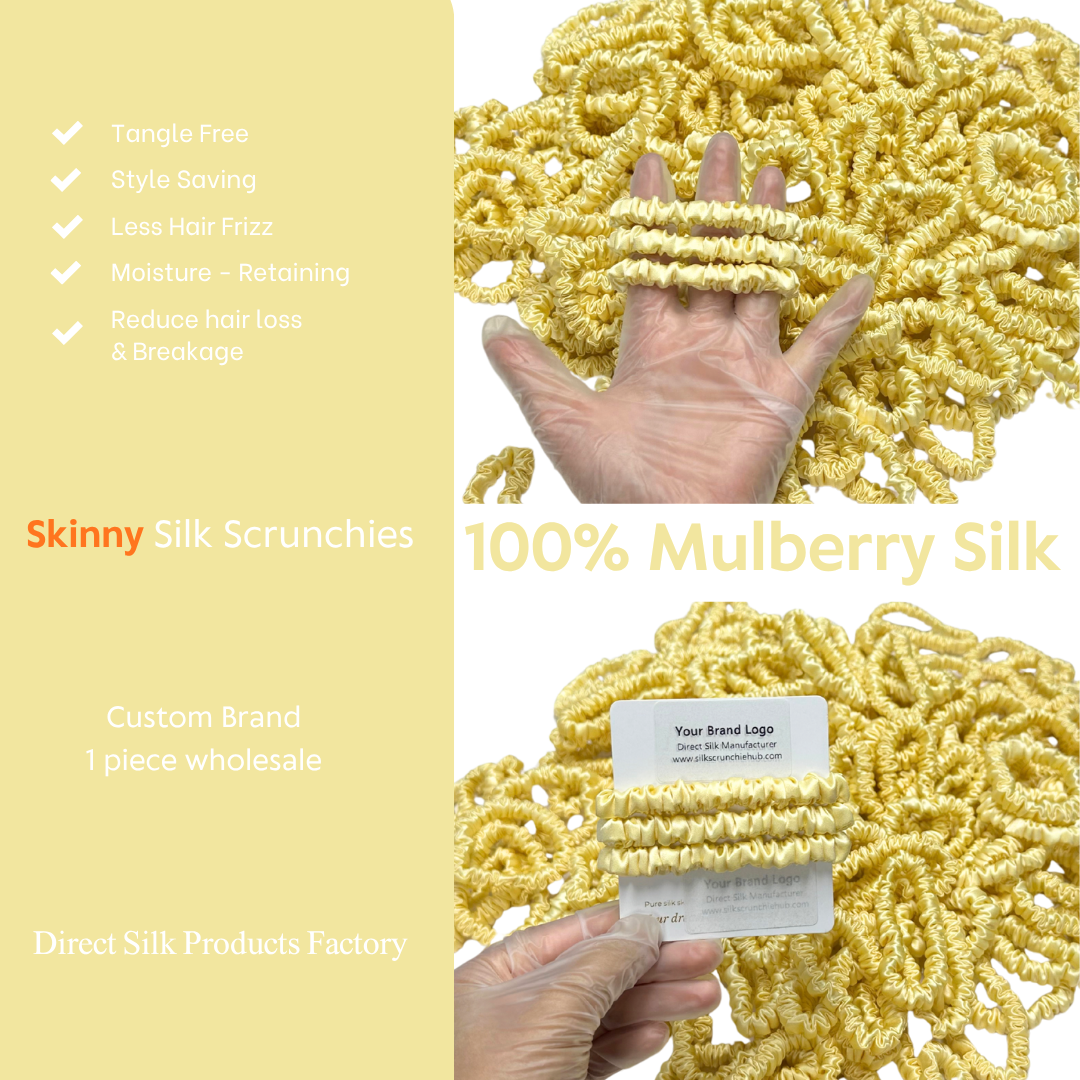 Light Yellow Silk Scrunchie Wholesale from 1 piece, custom silk scrunchies with brand label, low MOQ.