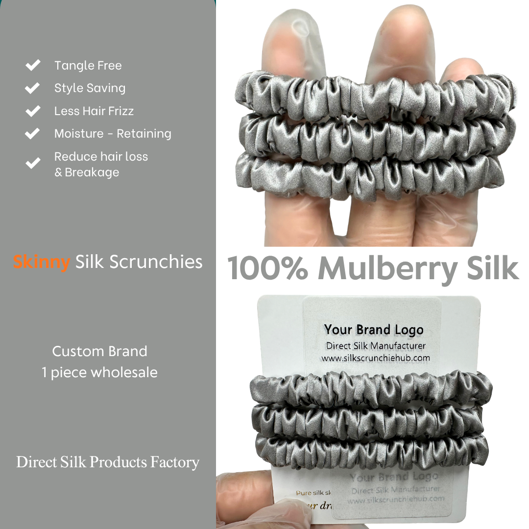 Middle Grey Silk Scrunchie Wholesale from 1 piece, custom silk scrunchies with brand label, low MOQ.