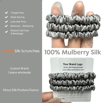 Middle Grey Silk Scrunchie Wholesale from 1 piece, custom silk scrunchies with brand label, low MOQ.