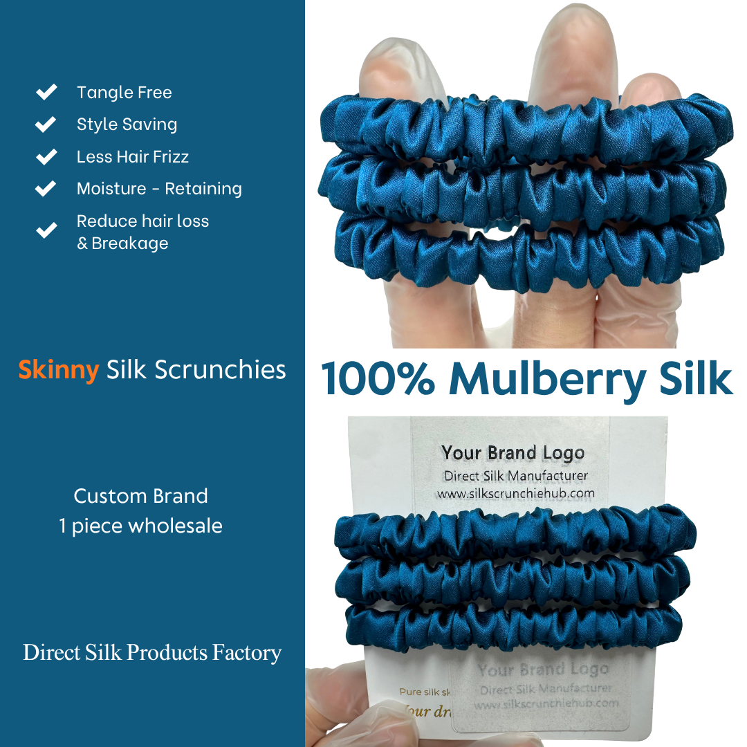 Peacock Blue Skinny Silk Scrunchie Wholesale from 1 piece, custom silk scrunchie with brand logo low MOQ.