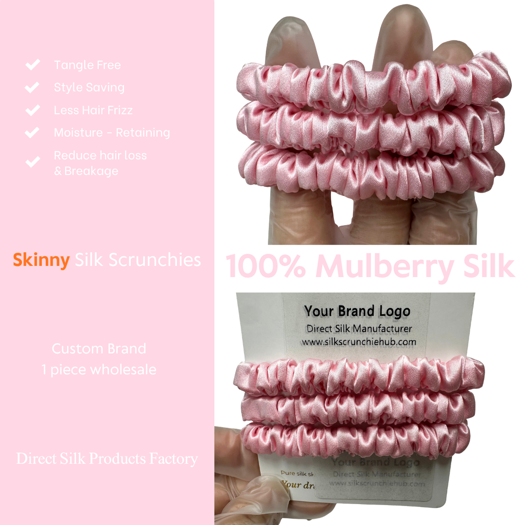 Pink Skinny Silk Scrunchie Wholesale from 1 piece, custom silk scrunchie with brand logo low MOQ.