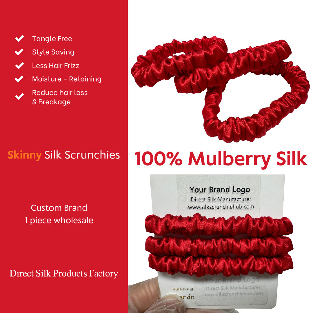 Pomegranate Red Skinny Silk Scrunchie Wholesale from 1 piece, custom silk scrunchie with brand logo low MOQ.
