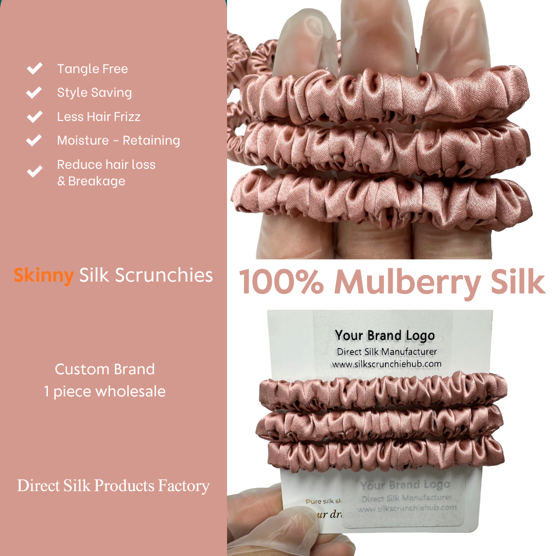 Red Beans Skinny Silk Scrunchie Wholesale from 1 piece, custom silk scrunchies with brand label, low MOQ.