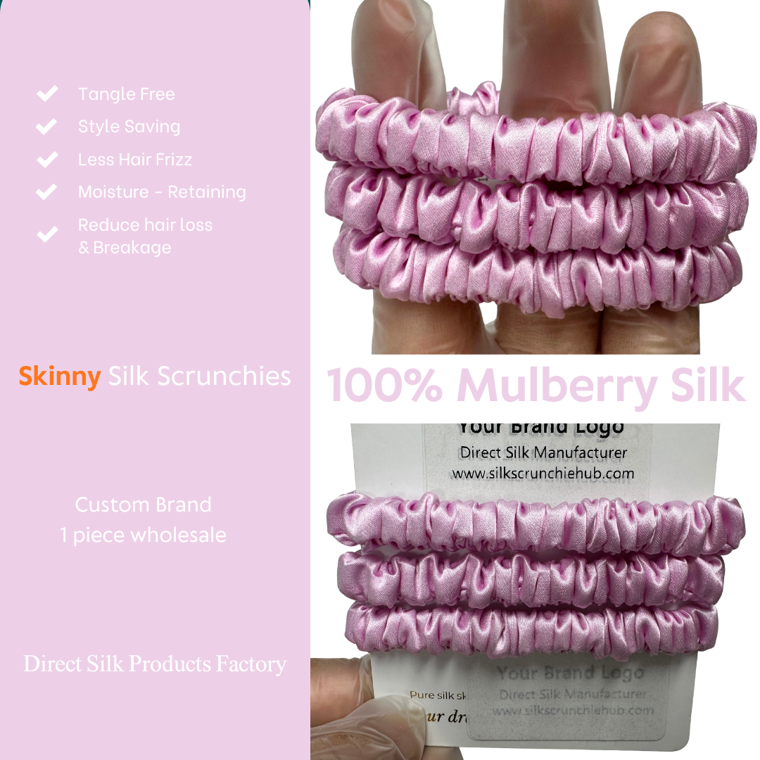 Sakura Skinny Silk Scrunchie Wholesale from 1 piece, custom silk scrunchies with brand label, low MOQ.