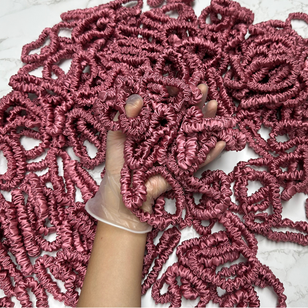 Silver Red Silk Scrunchie Wholesale from 1 piece, custom silk scrunchies with brand label, low MOQ.