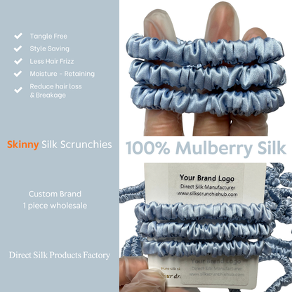 Sky Blue Skinny Silk Scrunchie Wholesale from 1 piece, custom silk scrunchie with brand logo low MOQ.