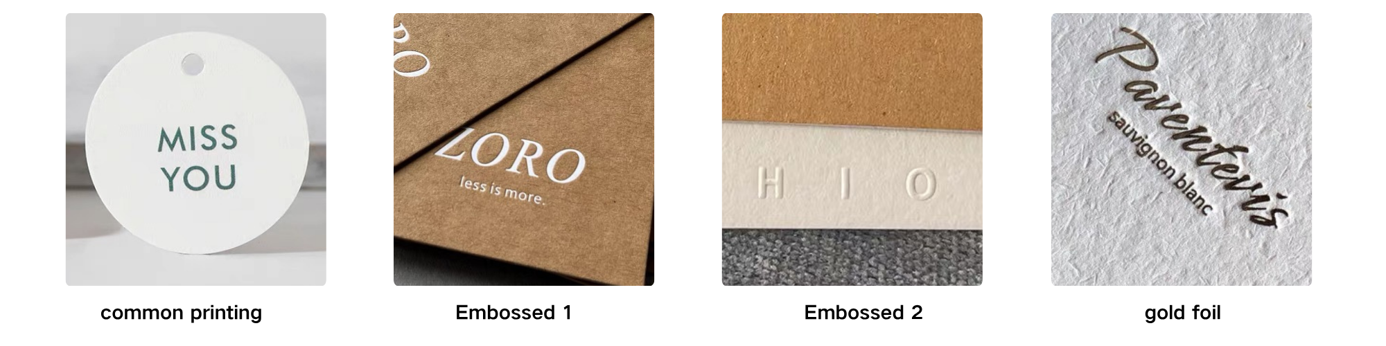 Collection of packaging materials with different printing techniques.